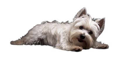 A white West Highland terrier lying down on a black background, from a professional photography studio photoshoot, in high definition.