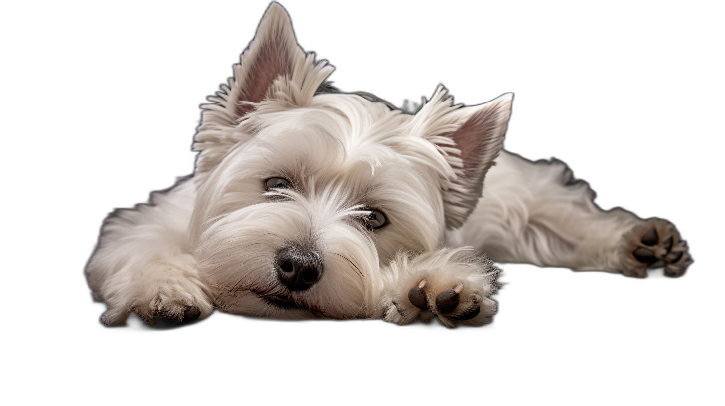 portrait of a white westie dog lying down on a black background, with sharp focus, in a high resolution photographic style.