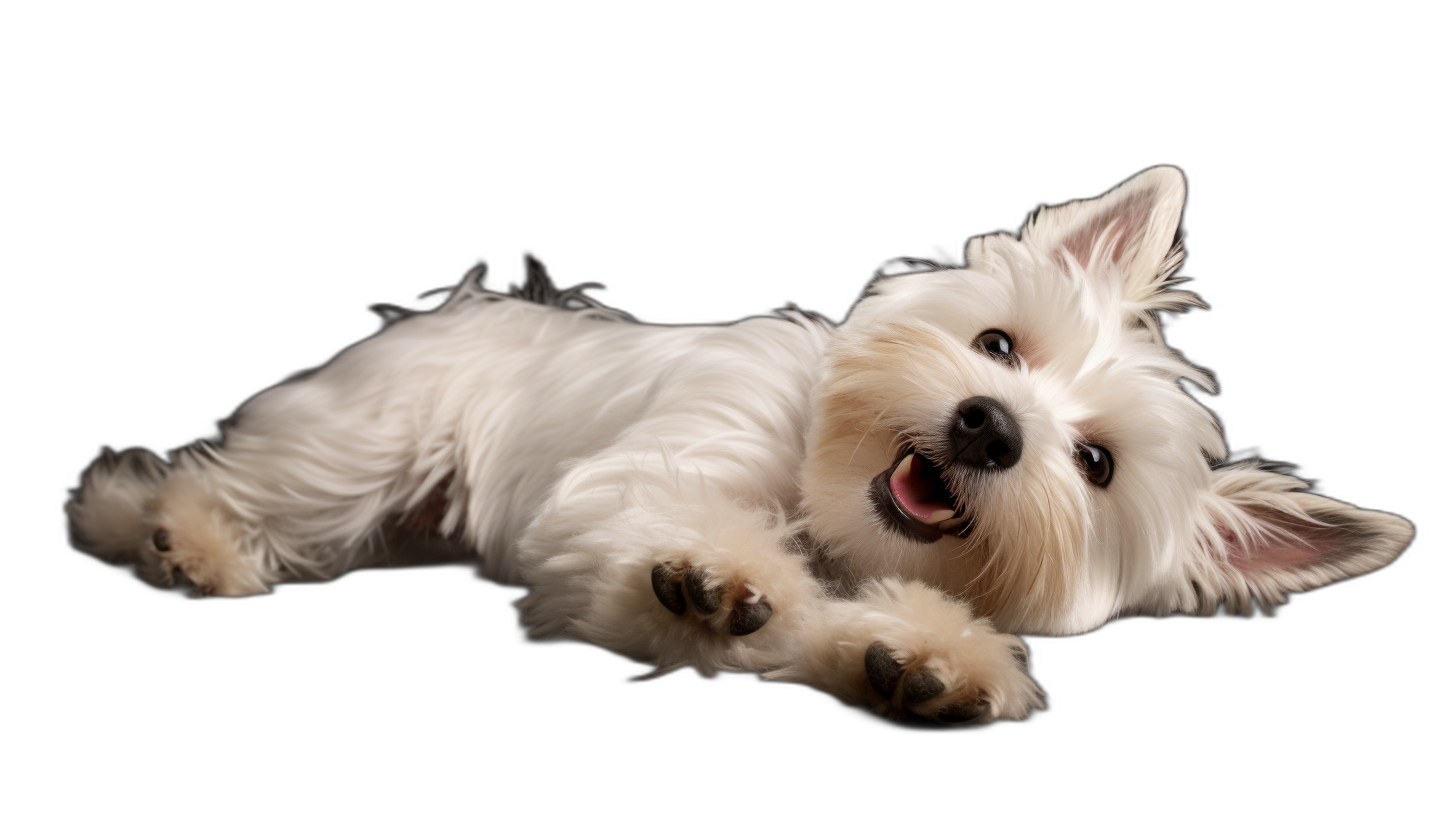 photorealistic photo of west highland white terrier dog lying on black background, playful pose, looking at camera, smiling with tongue out, studio shot, wide angle