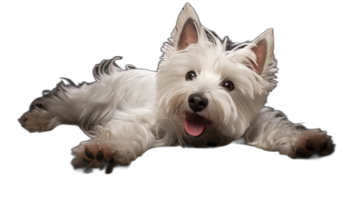 Happy West Highland White Terrier lying down on a black background, Award winning photography in the style of a professional with color grading, soft shadows, no contrast, clean sharp focus digital photography.