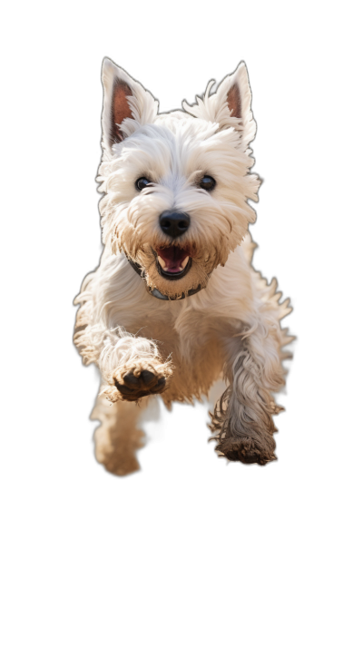 A white westie dog jumping with a happy face on a black background in a full body, high definition photograph in the style of hyper realistic.