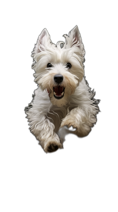 white westie dog jumping in the air, happy face, black background, studio photo shot, high resolution digital photography