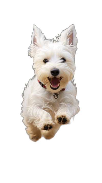 A white West Highland White Terrier is flying in the air, with its front paws hanging down and smiling happily. It has a pure black background with a full body photo in the style of real photography. Studio lighting was used with a high definition image quality.