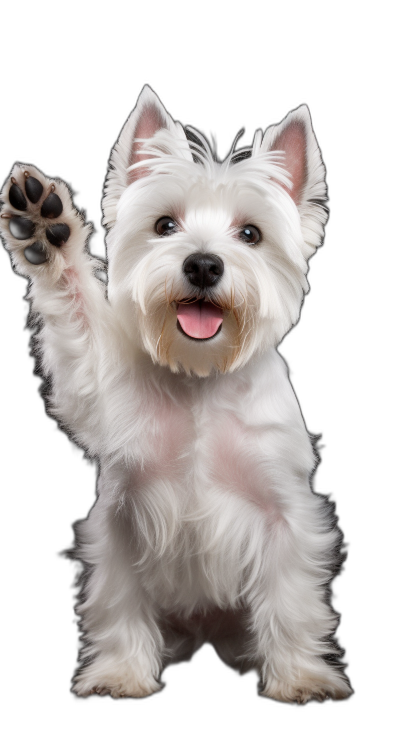 high resolution photo of an adorable white West Highland White Terrier sitting up, happy expression with his front paws in the air and giving high five on black background