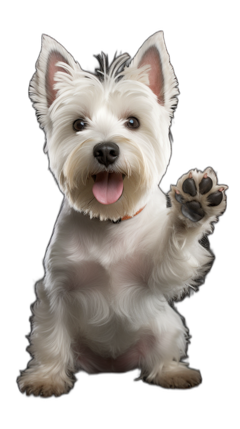 high resolution of an adorable white West Highland White Terrier sitting up and giving the high five with his front paws in mid air, isolated on black background, Award winning photography, professional color grading, soft shadows, no contrast, clean sharp focus digital photography