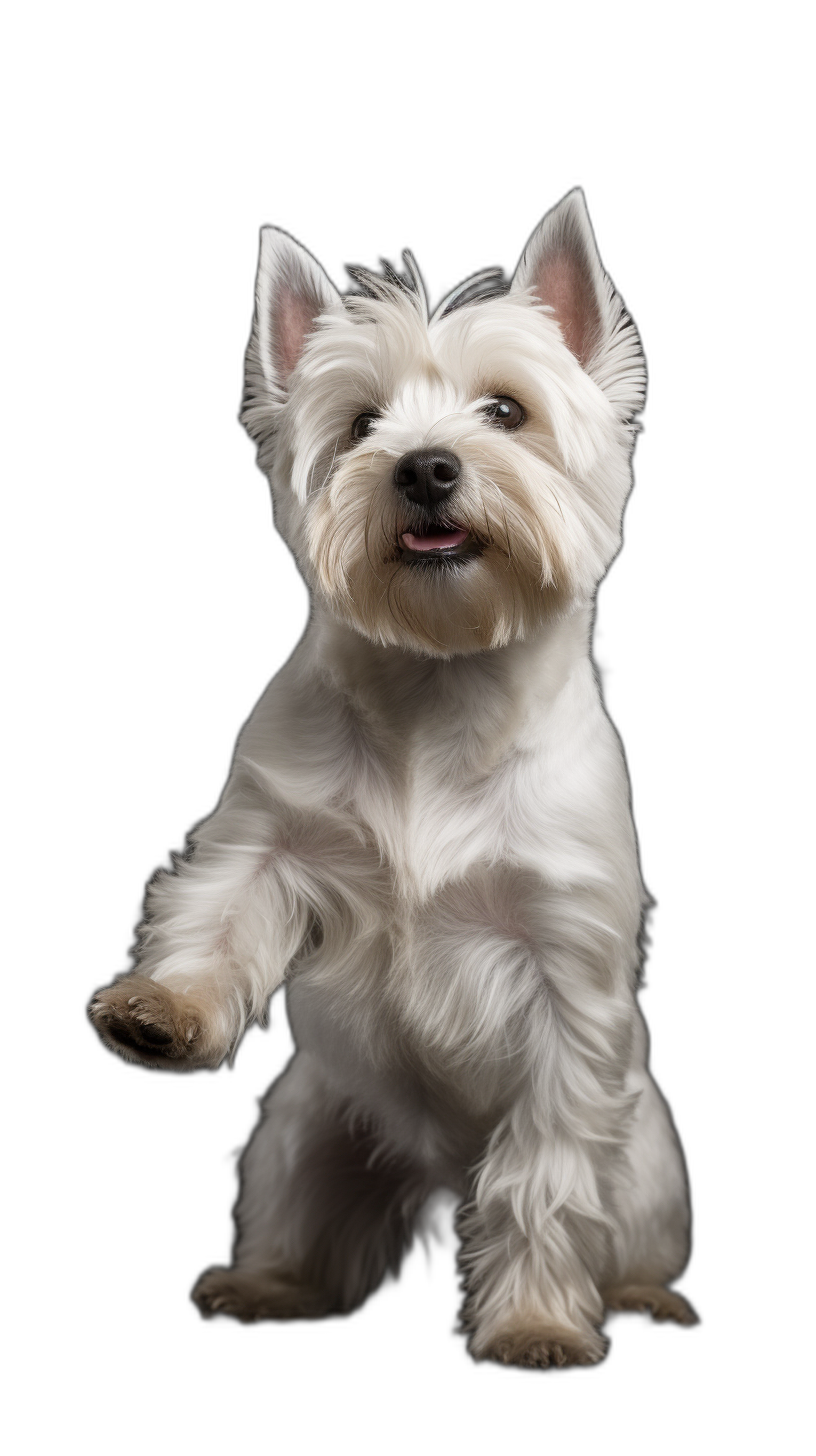 A full body shot of happy smiling West Highland White Terrier dog standing on back legs, looking to camera and raising left paw up high in air, isolated black background,