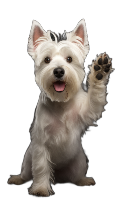 high resolution of an adorable white West Highland White Terrier sitting up and giving the high five with his front paws in mid air, isolated on black background, Award winning photography, professional color grading, soft shadows, no contrast, clean sharp focus digital photography