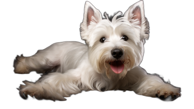 A cute West Highland White Terrier dog is lying down, isolated on black background with clipping path. Full body portrait of happy and smiling westie in studio shot