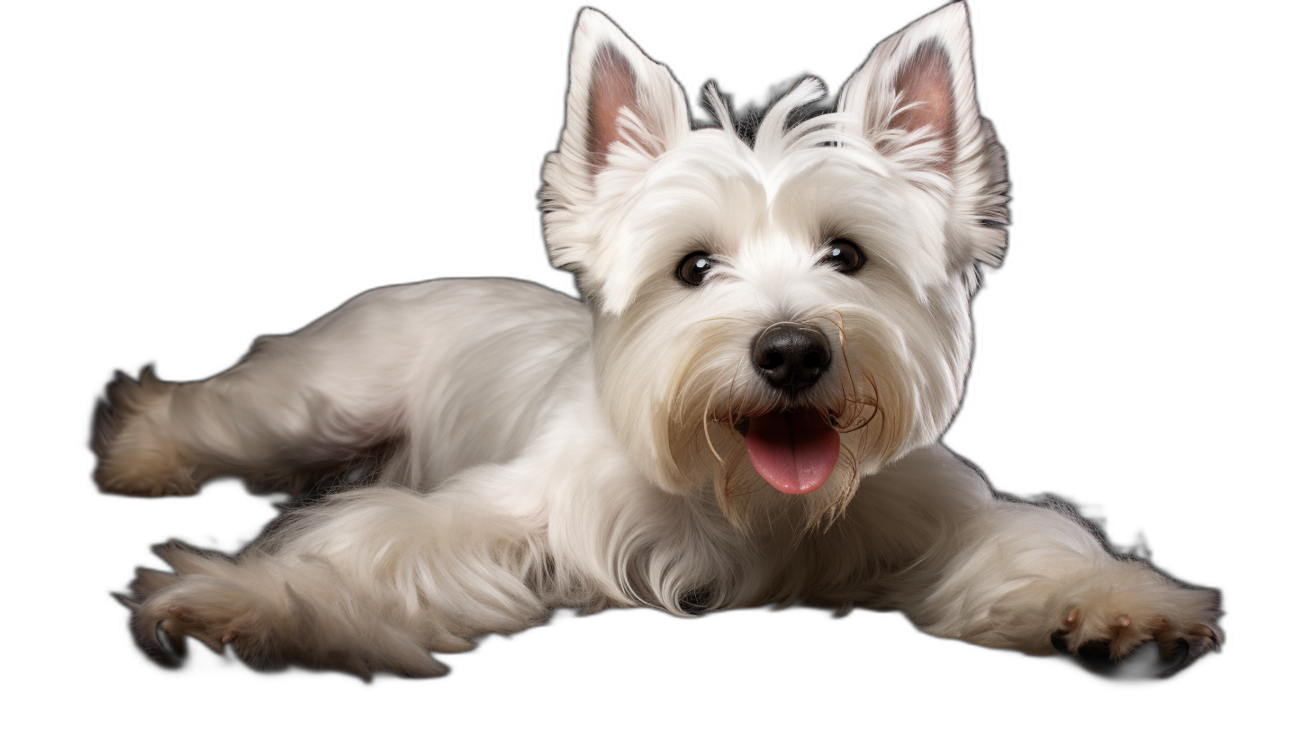 A cute West Highland White Terrier dog is lying down, isolated on black background with clipping path. Full body portrait of happy and smiling westie in studio shot