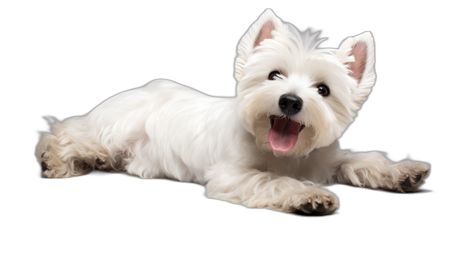 portrait of happy West Highland White Terrier dog lying down on black background, isolated with clipping path. Full body use for website banner design ,8k, high resolution photography, ultra details, stock photo