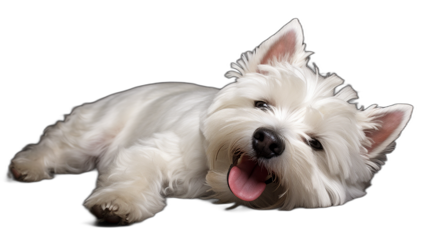 A white West Highland terrier lying down with a happy facial expression on a black background in a studio photography setting. The photography has professional color grading with soft shadows and no contrast, featuring clean sharp focus in a digital photograph.