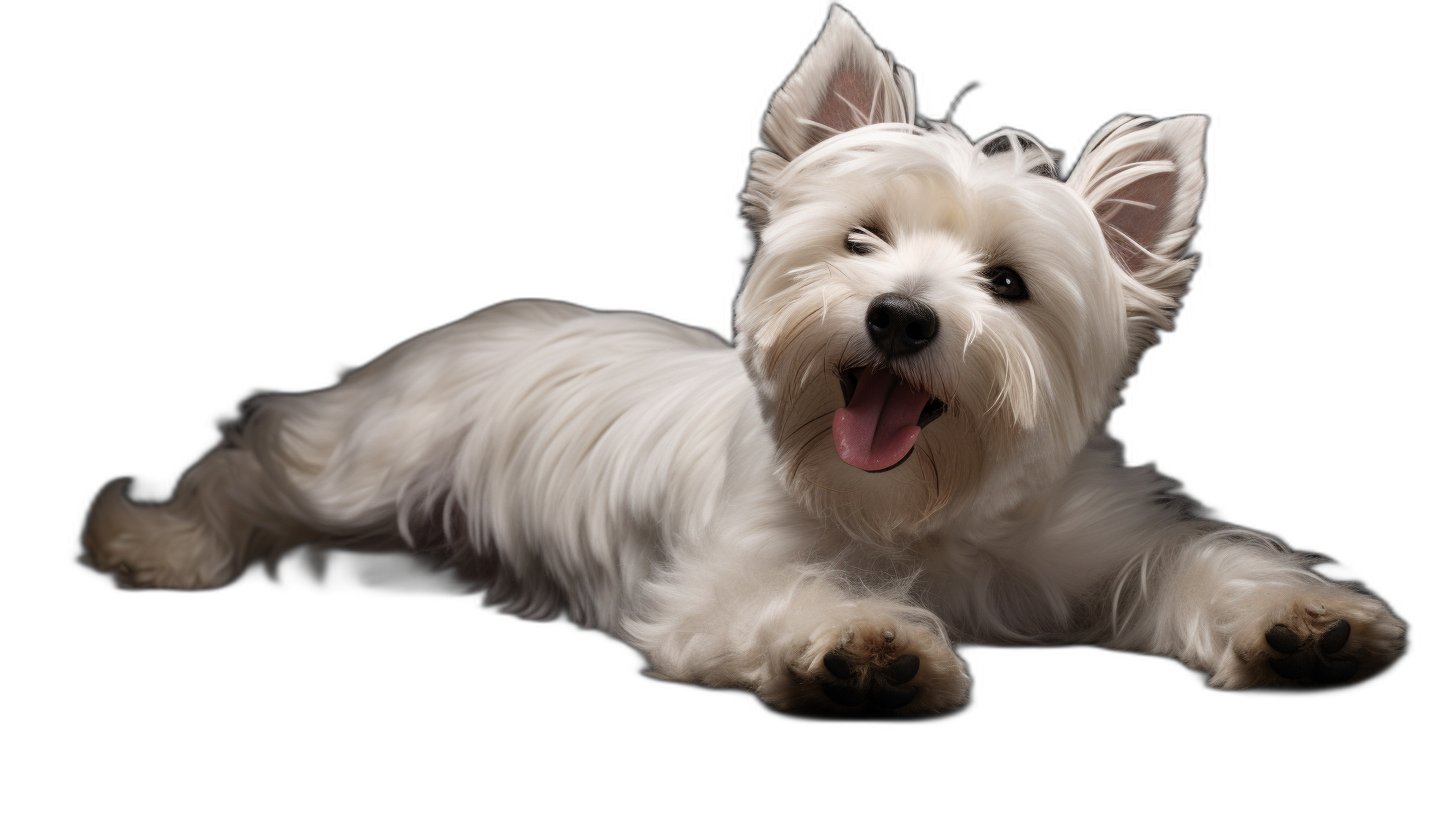 A white West Highland White Terrier dog laying down with a happy expression in a studio photography with a black background, with high definition details and sharpness, in the style of a professional photo.