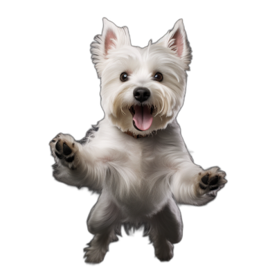 white westie dog jumping with paws up, happy face, isolated on black background, high resolution photography