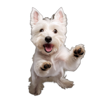 white westie dog, happy expression, front view jumping up with paws outstretched on black background, professional photography, studio light in the style of studio lighting.