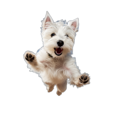 happy white dog jumping up, view from above, black background, hyper realistic photo of west highland terrier dog