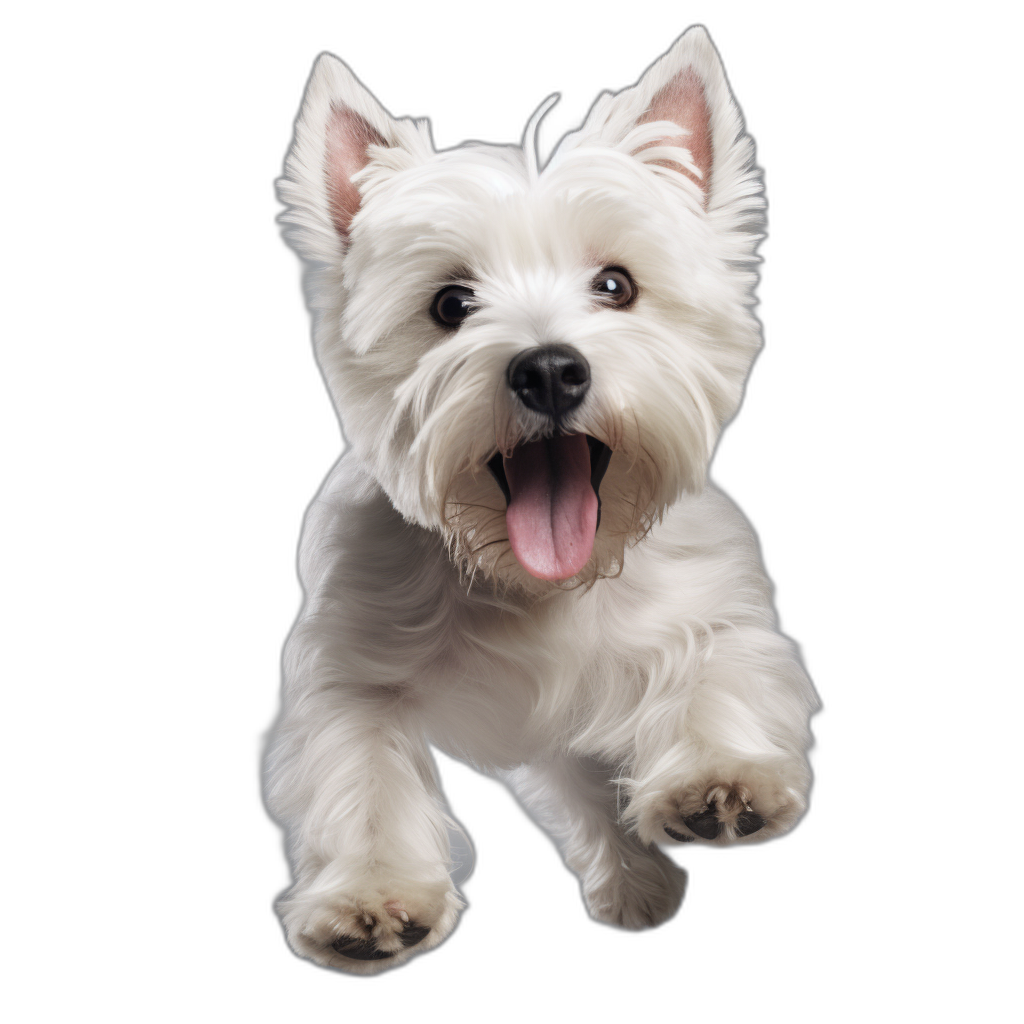 A white westie is jumping with a happy face and looking at the camera in the style of high resolution photography. The dog is isolated against a black background.