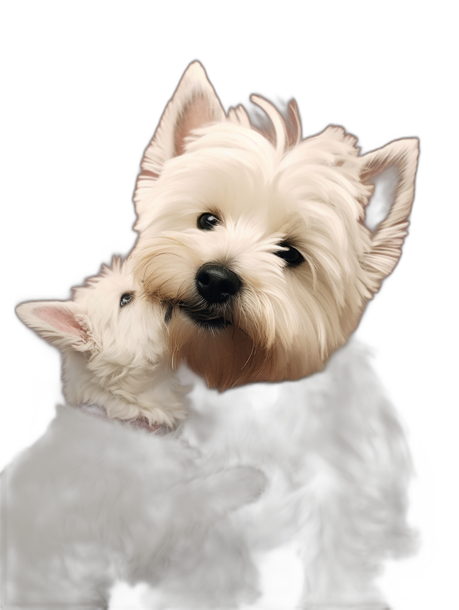 photorealistic portrait of two cute white dogs, one is scottish terrier and the other dog has long hair on his head, they snuggle together in love, black background, high detail,