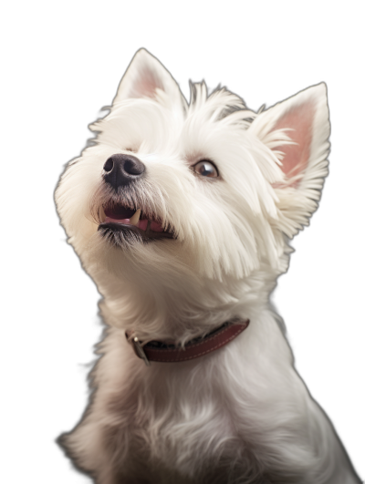 high-key studio photo of a happy Westie, looking up at the camera, isolated on a black background. The photo is in the style of a high-key portrait.