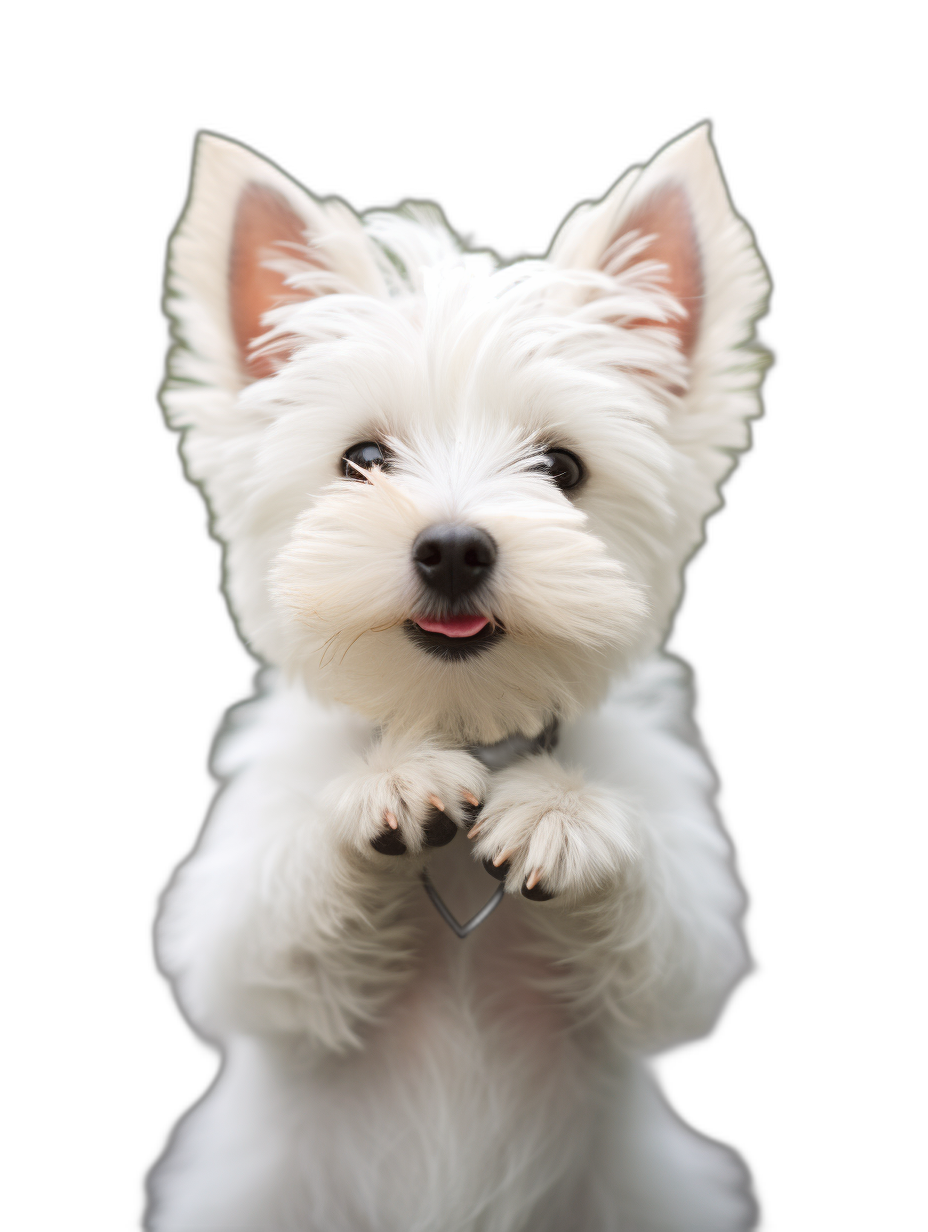 white cute westie puppy with paws up and tongue out, black background, full body portrait, high definition photography