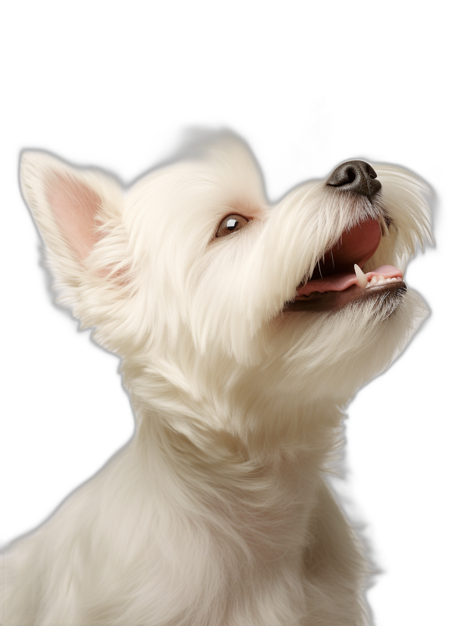 photorealistic portrait of happy westie, looking up with mouth open on black background, side view, studio shot