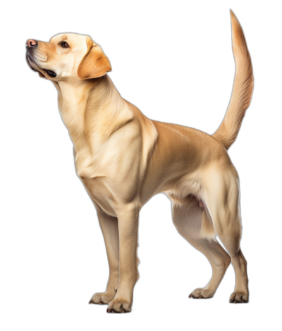 A yellow Labrador standing on a black background, full body, in the style of photorealistic and hyper realistic, side view, high resolution, high quality, high detail, detailed skin texture, detailed eyes, no blur effect, no gradient, no blurring, no grainy filter, no blur effects, no depth of field, no blur in the foreground and background.