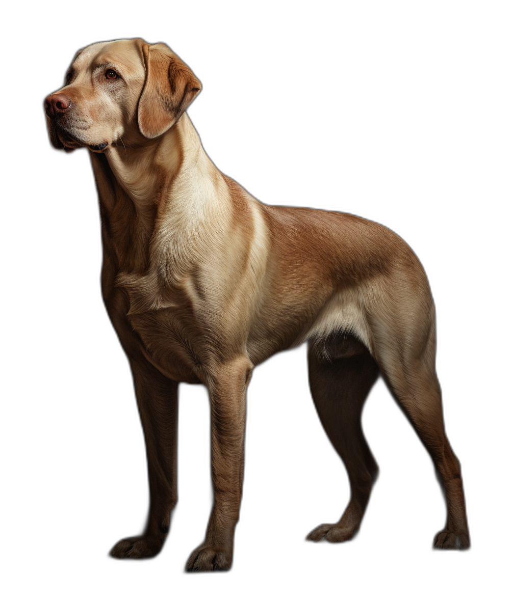 An award-winning photograph of a Labrador Retriever standing on a black background, in a full body shot, with studio lighting, of high resolution photography, with insanely detailed, fine details, on an isolated plain, with stock photo quality.