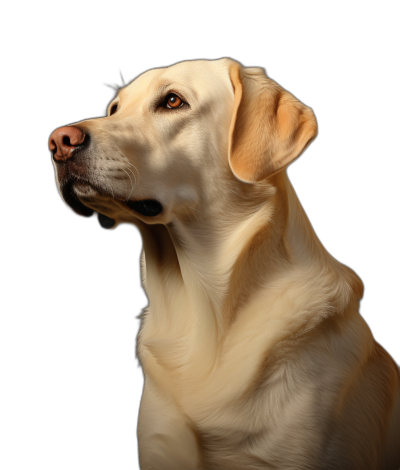 Create an awardwinning photograph of the head and shoulders of a cream labrador dog looking to one side, against black background, high resolution, studio lighting, for advertising.