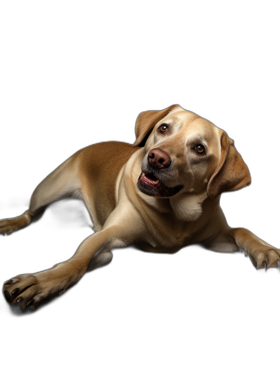 A Labrador dog lying on the ground, happy expression, black background, portrait photography, studio lighting, high definition details, super resolution