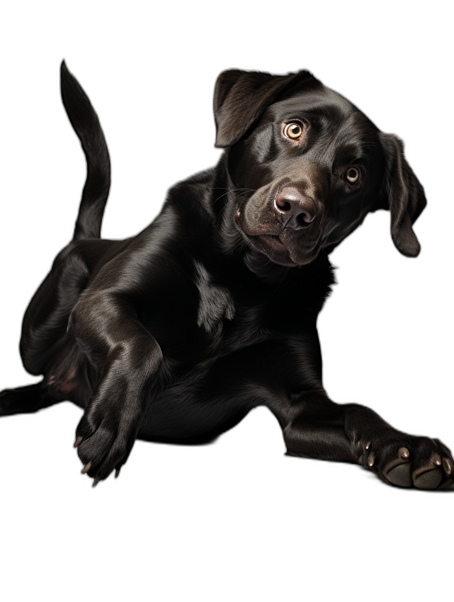 A realistic black Labrador Retriever dog laying on its side, full body with both front paws showing, on a black background, with photorealistic techniques full of details, in a studio photography setting, with high resolution, hyperdetailed, sharp focus, using hyperrealism techniques, natural lighting, isolated, with professional color grading, soft shadows and a clean look.