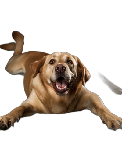 a labrador dog laying on its back with his legs up in the air, mouth open and tongue out, happy expression, full body, isolated against black background, studio photography, award winning photo, hyper realistic