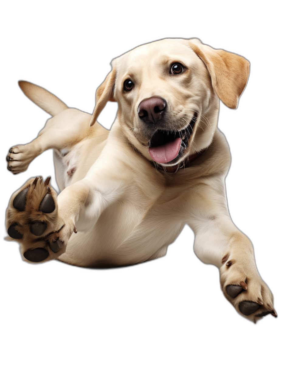 A happy Labrador Retriever dog flying through the air, paws outstretched and looking at camera, isolated on black background, high definition photography style