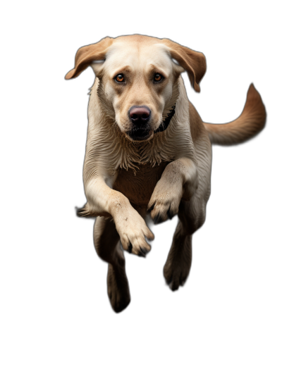 A yellow Labrador flying towards the camera, solid black background, studio photography, portrait