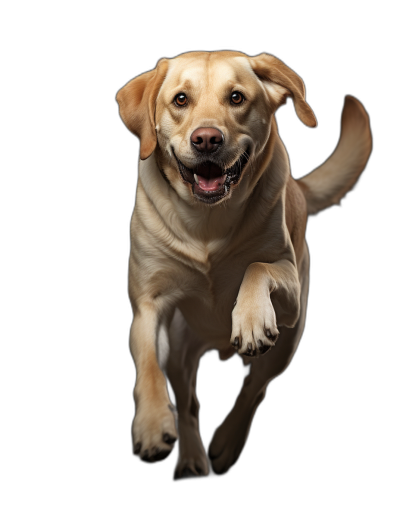 A yellow Labrador retriever is jumping towards the camera, isolated on a black background, in a full body shot, in the style of studio photography, in an award winning photo, with professional color grading and soft shadows.