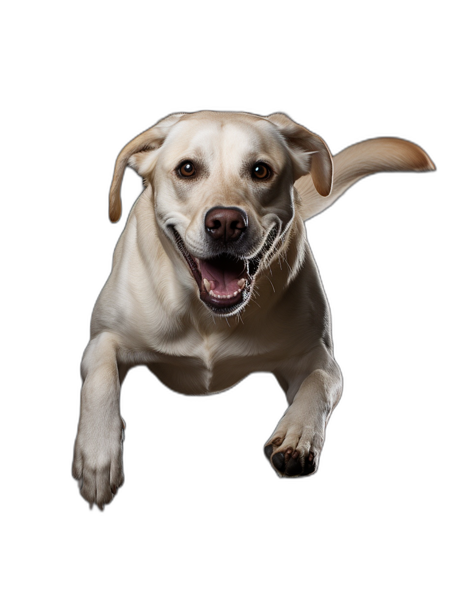 happy Labrador Retriever in mid air, looking at the camera, isolated on a black background, in the style of high definition photography.