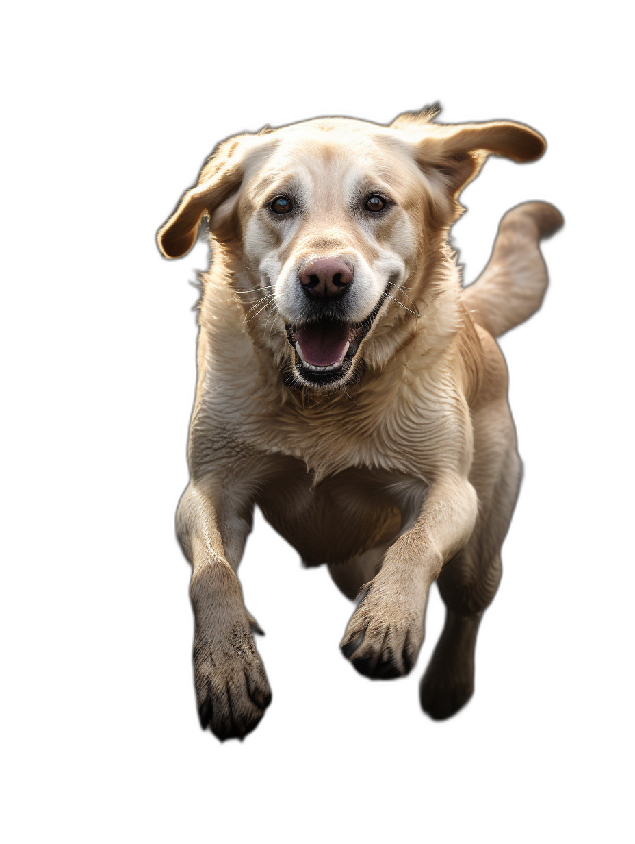 A photo of an happy Labrador running towards the camera, isolated on black background, high resolution photography