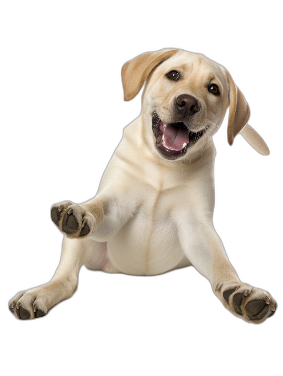 A happy Labrador Retriever puppy, floating in the air with his paws outstretched and legs stretched straight forward isolated on black background. Photorealistic photography