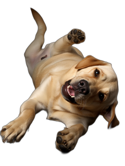 photorealistic yellow Labrador retriever dog lying on its back, paws up in the air, smiling with its tongue out against a black background, in the studio shot from above with minimal editing to the original text.