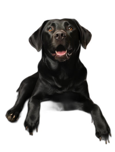 Black Labrador, happy face expression, full body shot, sitting on the ground with its paws hanging down and looking up at you, eyes wide open, solid black background, professional photography, studio lighting, high resolution, hyper realistic, high details