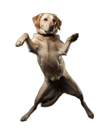 A yellow Labrador in the air, doing yoga poses on a black background in the studio photography, a full body shot, in high definition.