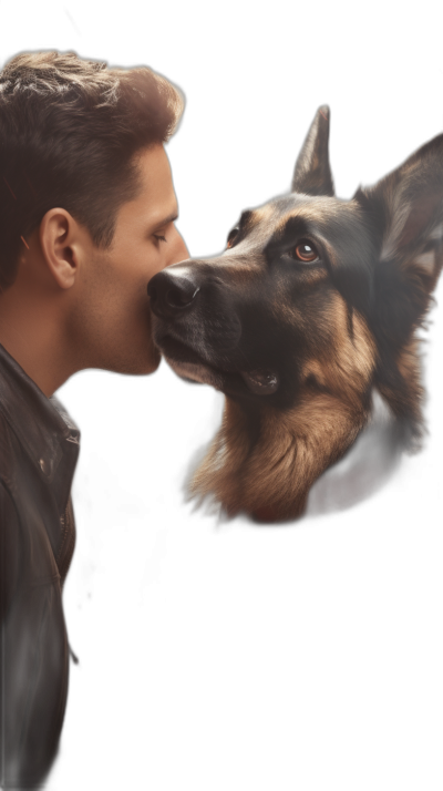 A handsome man with short hair kissing his German Shepherd dog against a black background, hyper realistic game art in the style of unknown artist.