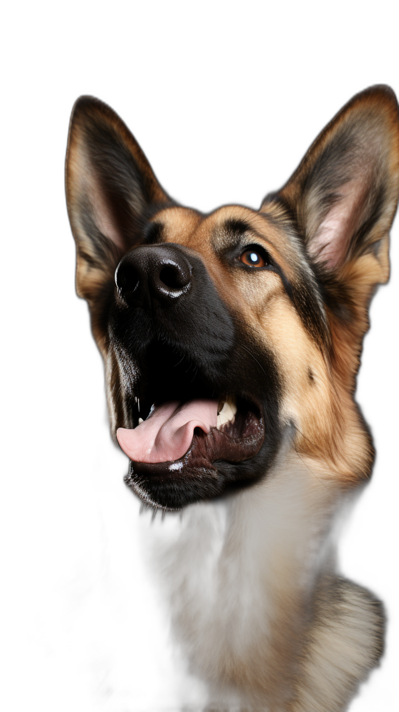 A photo of an happy German Shepherd looking up with his tongue out, isolated on black background, studio shot