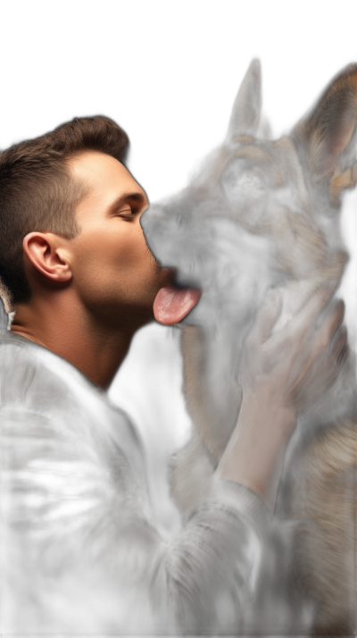 photorealistic portrait of handsome man in leather jacket kissing his German Shepherd dog, black background, hd photo realistic