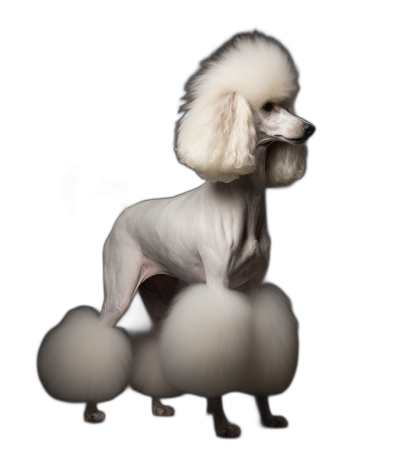 A white poodle dog with full body and full white fur on its back and tail in front of a black background. Award winning photography with professional color grading, soft shadows and clean sharp focus in the digital photograph.