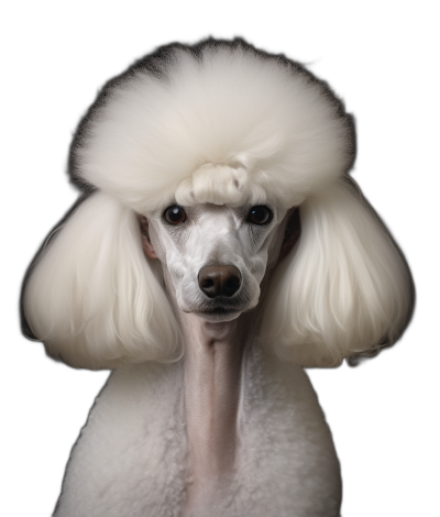 A white poodle with big hair on its head, on a black background. The photography is in the style of an award winning piece, with professional color grading and soft shadows in the photo.