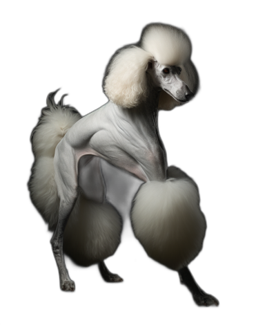 photography of a full-bodied poodle with white fur in studio lighting against a black background, beauty shot, hairless and muscular body