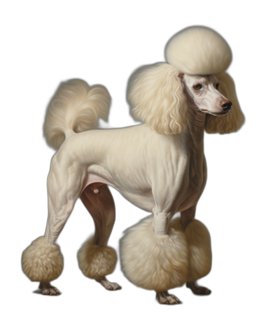 A hyperrealistic full body portrait of a cream-colored poodle with a white face, standing on a black background, in full view.