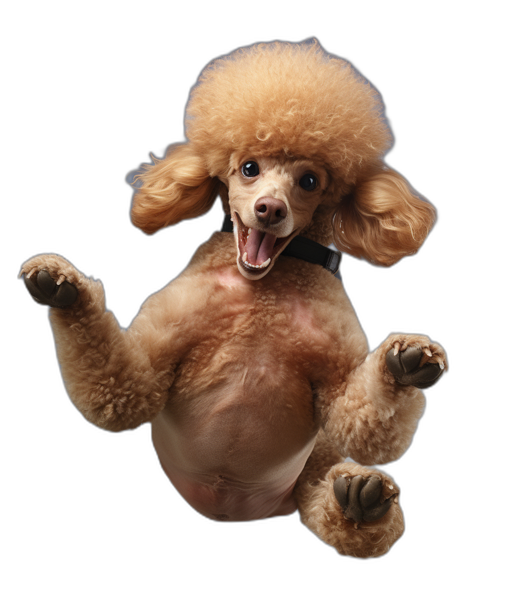 A photo of an extremely happy light brown poodle in the air, showing its belly with four paws out and open mouth on a black background, full body portrait, symmetrical composition, in the style of hyper realistic photography, epic