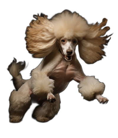 photorealistic full body portrait of an cream colored poodle with long hair, jumping in the air on black background, sharp focus, artistic composition, high resolution photography, dynamic pose, awardwinning photo contest winner, epic lighting, Hasselblad H6D400c MultiShot