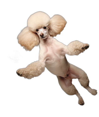 A cream colored poodle in full bloom, flying up and down with its hind legs on the ground and front two feet floating in midair, looking at camera, black background, symmetrical composition, full body shot, high definition photography