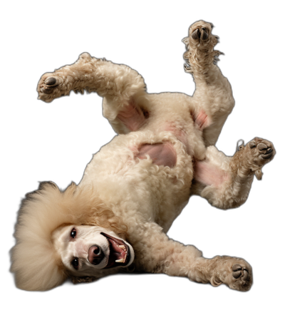 Photorealistic full body portrait of a cream colored poodle, smiling and playing on his back with legs in the air, isolated black background, shot from above, in the style of [Tim Walker](https://goo.gl/search?artist%20Tim%20Walker).